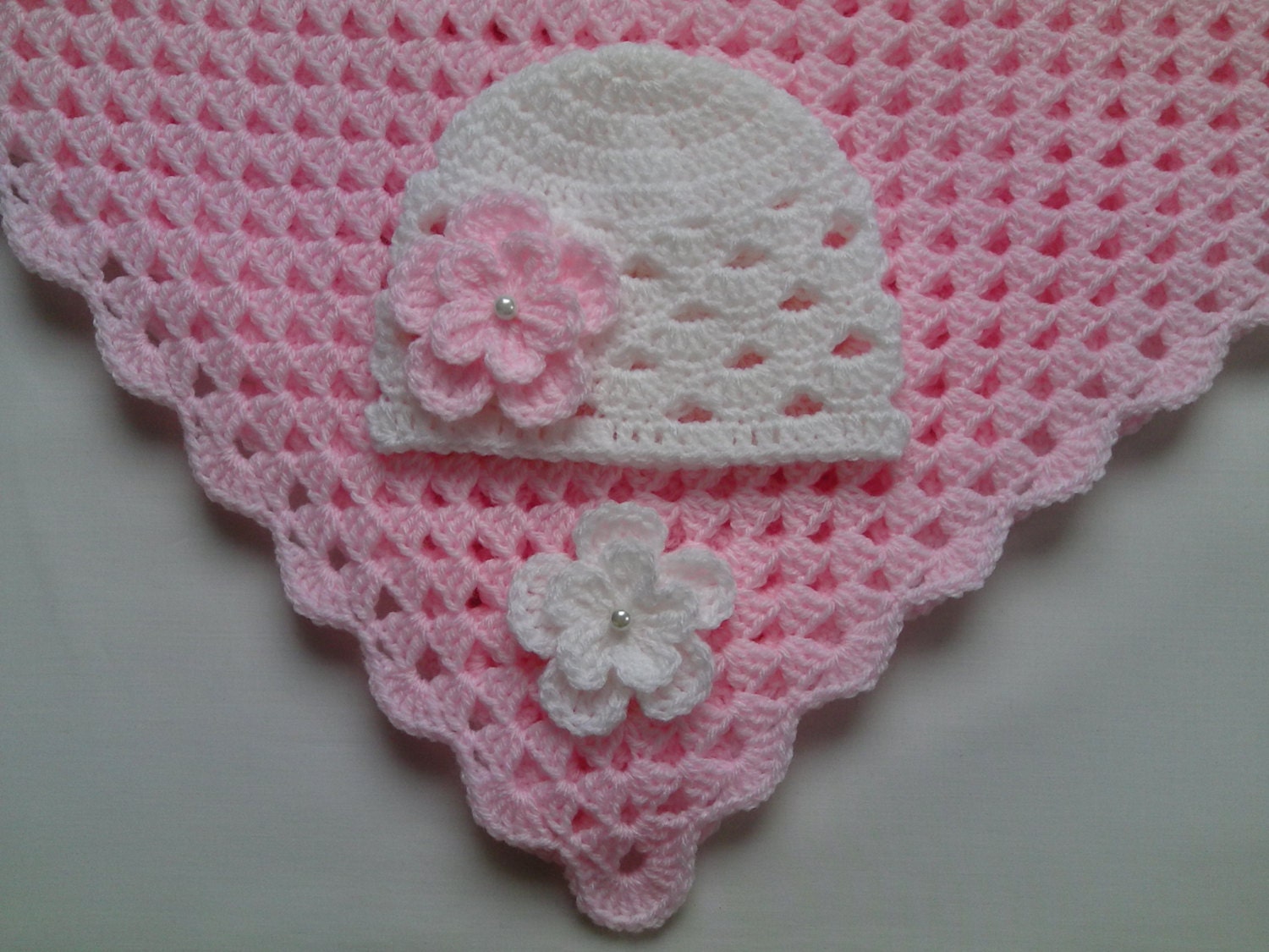 Crochet Baby Blanket and Baby Hat Set Gift Christening Baptism