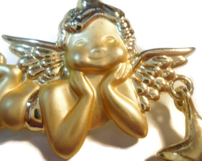 FREE SHIPPING AJC cherub brooch, signed gold tone cherub brooch pin with star charm, matte and shiny finish