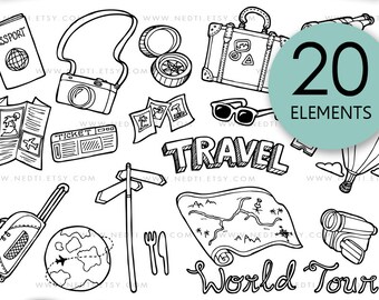 Travel Doodle Clip Art, PNG, Instant Download, Traveling Clipart, Vacation, Holiday, Map, Tour, Hand Drawn Digital, Logo Design, Nedti