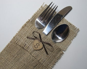 Rustic Burlap Silverware Holders - Set of 5 - Personalized for your Country Wedding