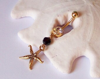 Gold Belly Button Ring - Belly Button Jewelry - Gold Belly Ring - Gold Starfish Charm with Black Crystal