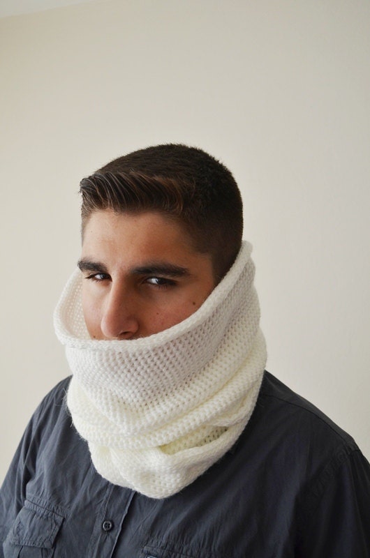 Men's scarves White Infinity scarf circle scarf Cowl by NesrinArt