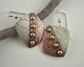 Dangle Metal Earrings - Mixed Metal Earrings - Copper Earrings