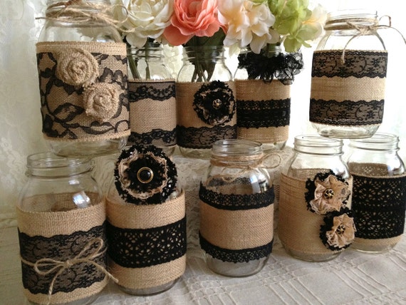 10x rustic burlap and black lace covered mason jar vases