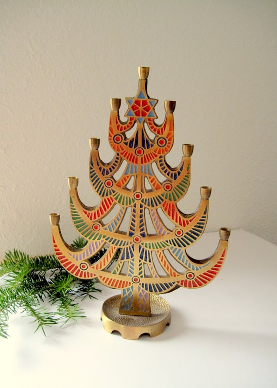 Vintage brass Christmas tree candle holder Hanukkah Menorah