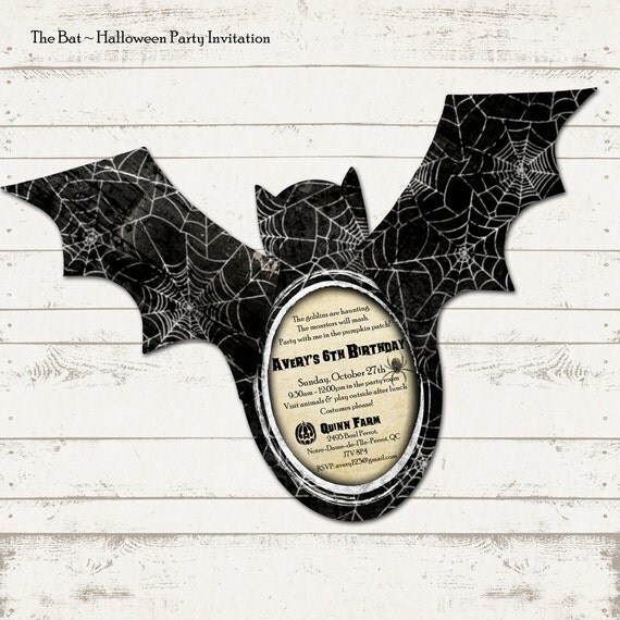 Halloween Party Invitation - Bat Shape, Creepy, Vintage, Spiders, Cobwebs - Custom, Digital, Printable Designs Il_570xn