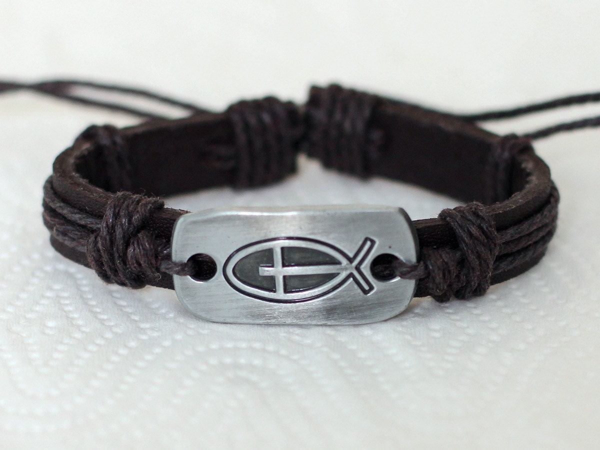 192 Men's leather bracelet Jesus fish bracelet Cross by mylenium77