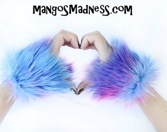 blue pink purple, faux fur, furry wrist cuffs, mittens, hand warmers