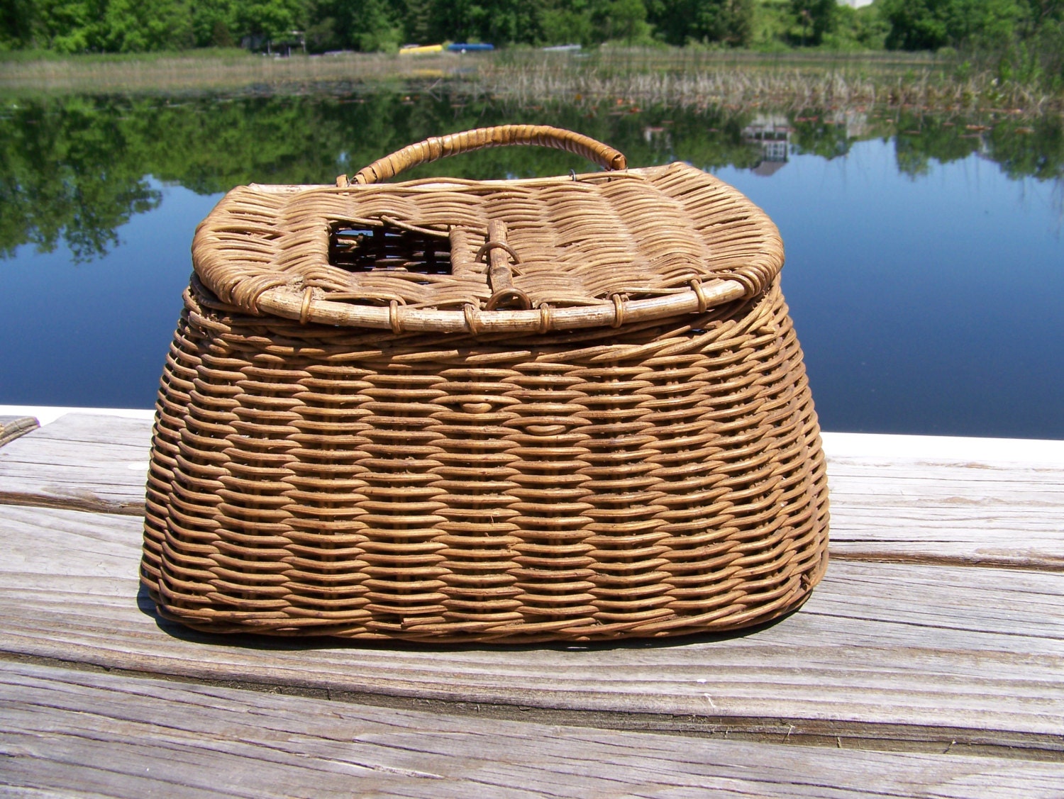 Antique Fishing Basket Brown Wicker Antique Fishing Creel