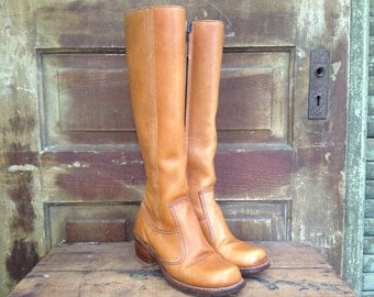 Womens Brown Leather Boots, Knee High, 1960s 70s Cognac Campus Boots Size 6,5 US