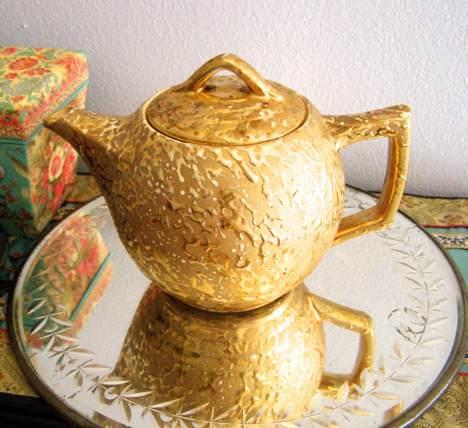 Vintage Decorative Tea Pot 24K Weeping Gold 24 Karat Gold