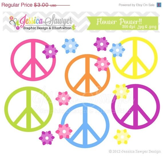 50% OFF - INSTANT DOWNLOAD, flower power clip art - peace sign clipart - hippie graphic - hippy image - commercial use - card design Il_570xn