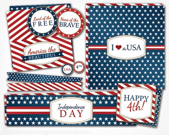 4th of July Printables - Party Package - Cupcake Toppers Favor Tags Water Bottle Labels Straw Flags - Patriotic Independence Day Decorations Il_570xn