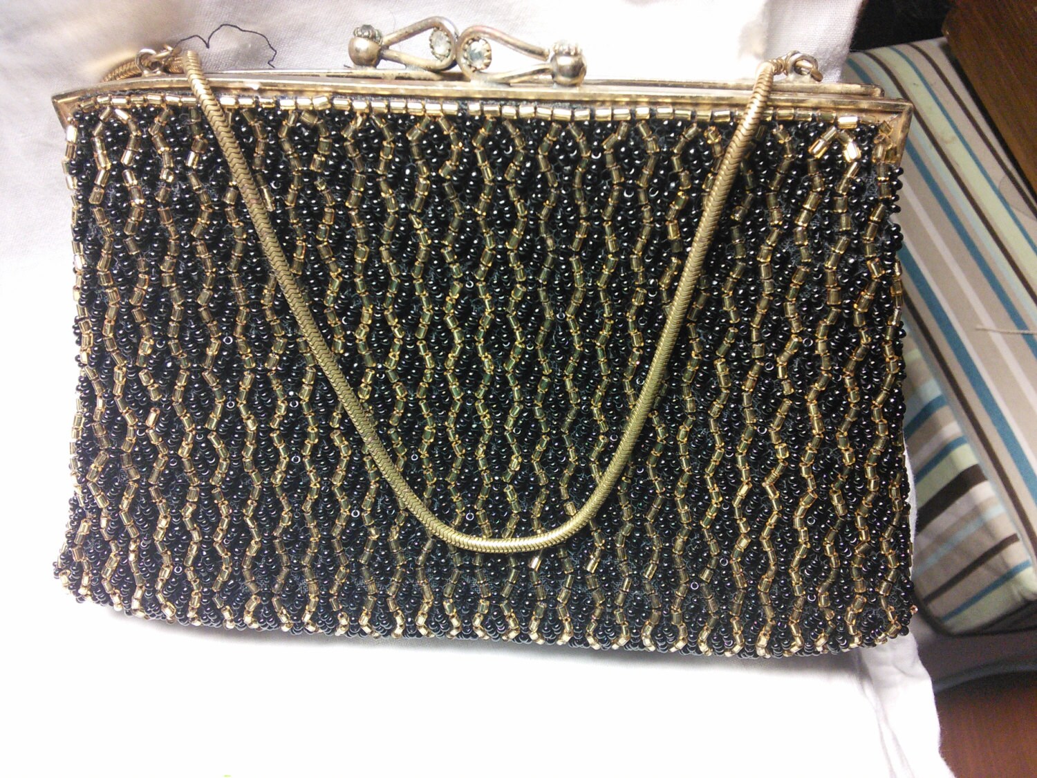Small Black and Gold Beaded Purse Rope Chain Strap Gold Tone