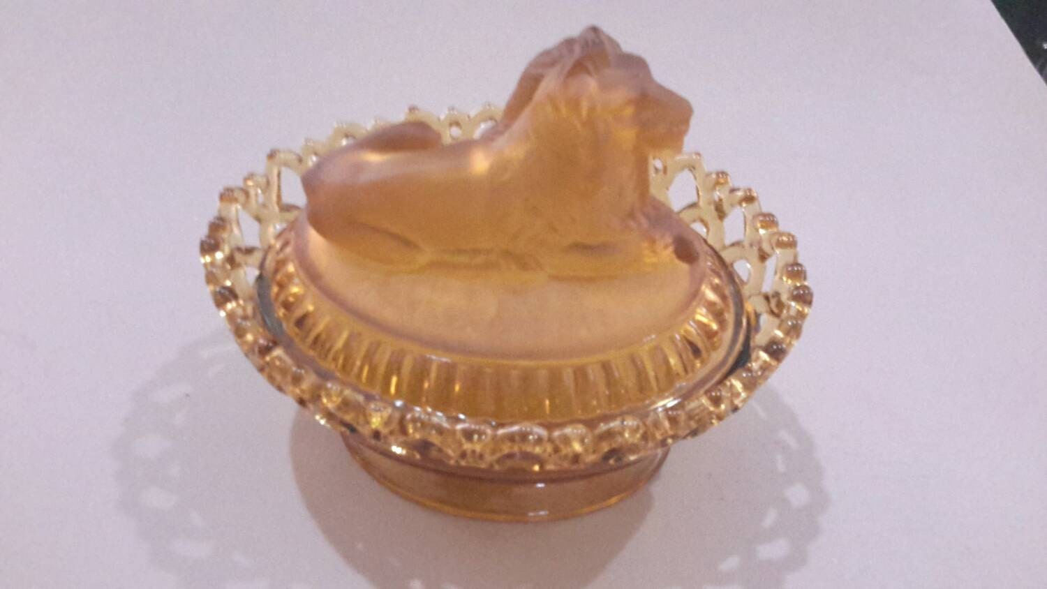 Imperial Glass Amber Marigold Lion Lidded Candy Dish Frosted