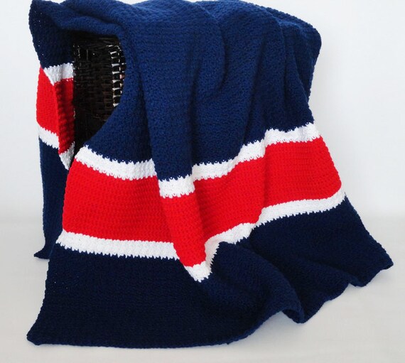 Crochet Stadium Sports Afghan Blanket Throw Navy Red White