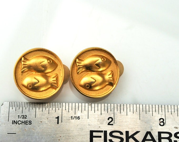 Fish Earrings - Signed Anne Klein - Gold Round - Clip on Earrings