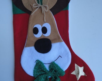 Vintage 3D Reindeer Felt Christmas Stocking Handcrafted Reindeer Small ...