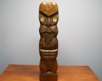 Vintage Tall Maori Wood Tiki Totem with Abalone Eyes