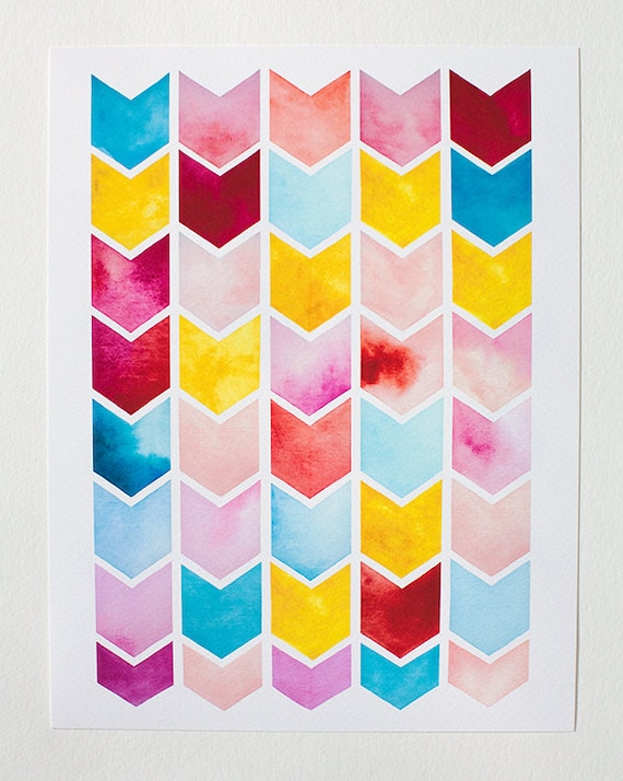 chevron watercolor PRINT -  geometric pattern - nursery artwork -  pink, yellow, red, turquoise, coral