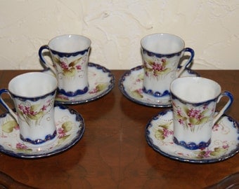 Lot Of 4 Vintage Porcelain Floral Motif Demitasse Cups And Saucers Hand Painted Japan 1930s