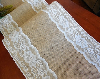 Burlap table runner wedding table runner with vintage ivory lace rustic romantic wedding reception table linens