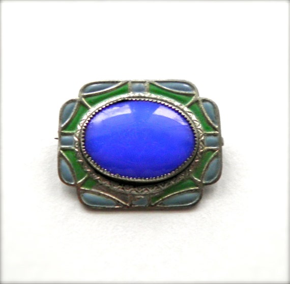Vintage ART DECO Enamel and Blue Glass Brooch Pin by JoolsForYou