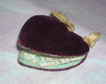 SALE--Small Vintage Antique Wine Velvet Heart Shaped Needle Keeper Pin Cushion 1850's-1900's
