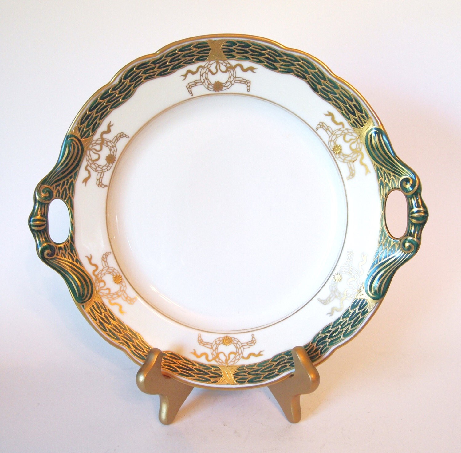 Antique Boseck & Co. Large Serving Plate with Handles Green and Gold