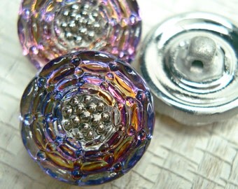 Purple Gold Floral Czech Glass Button - 13mm - 582 - 1 piece
