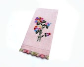 Hand Embroidered Linen Towel in Pale Pink with Floral Design, Hand Crocheted Lace on Both Edges