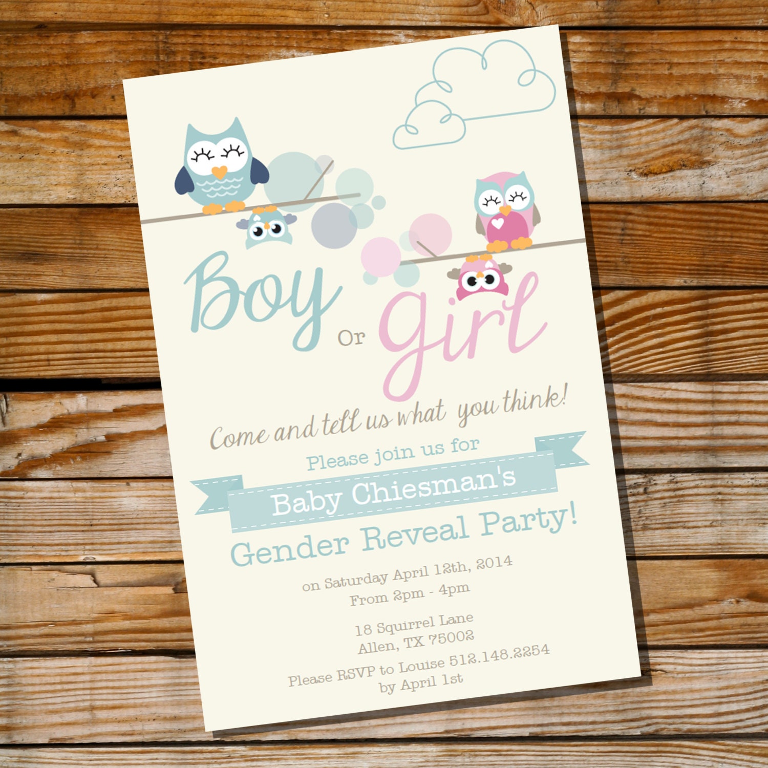 Owl Gender Reveal Party Invitation Boy or Girl Instantly