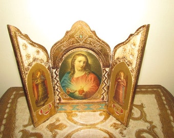 Antique Vintage Florentine Triptych Gold Gilt Gesso Wooden Jesus Italy Italian