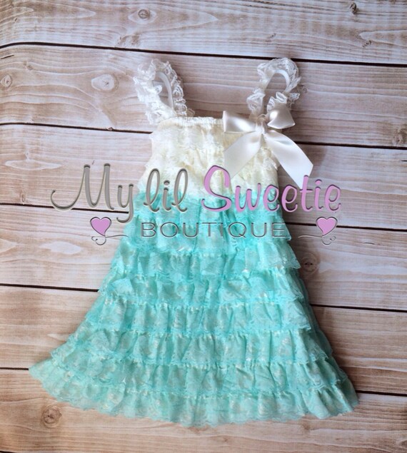 Ivory spa aqua blue mint Lace dress baby girl outfit infant