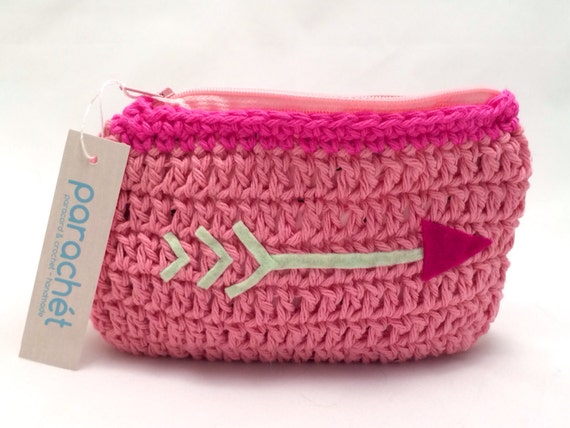Pink Crochet Coin Purse with Arrow Zipper Pouch