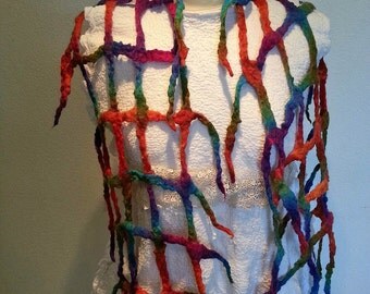 Rainbow grid scarf hand felted with dyed merinowool, purple, green, orange, yellow, red