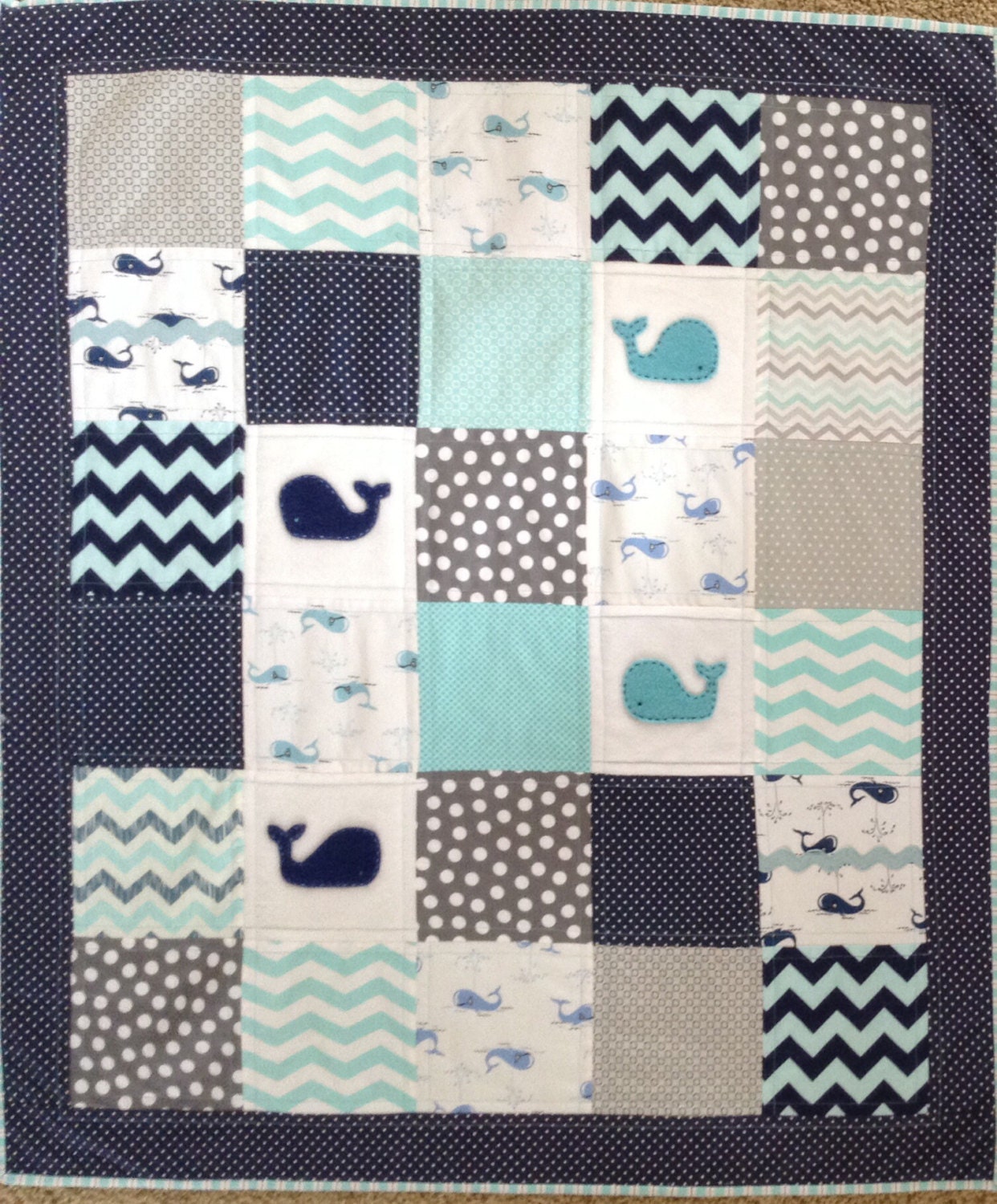 Baby Whale quilt in teal navy and gray by Lovesewnseams on Etsy