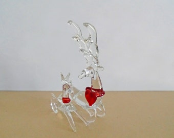 Blown Glass Deer with Antlers and Doe Clear with Red Heart Around Neck