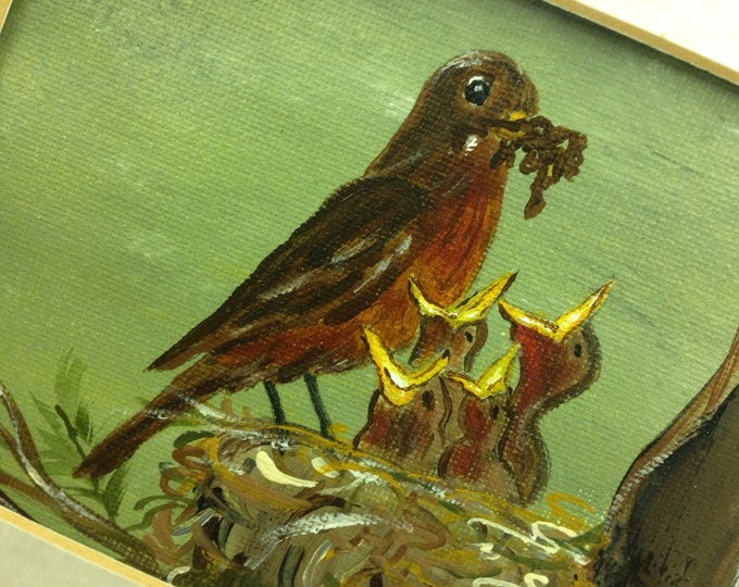 Mother Robin feeding her Babies. Acrylics on Canvas. Wood Frame with Tan Matte