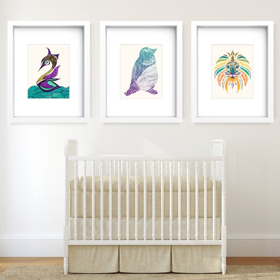 Colorful Whimsical Animal Wall Art Set of 3 Prints Swan