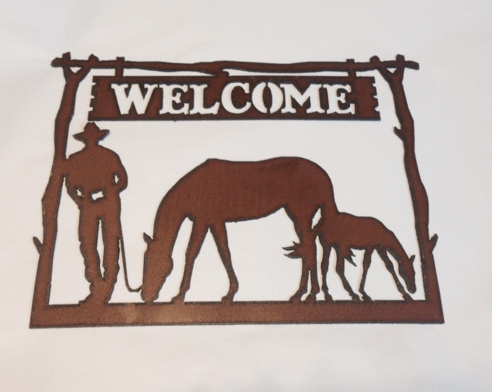 LEANING COWBOY HORSES Welcome Sign made of by TheRusticBarnAZ