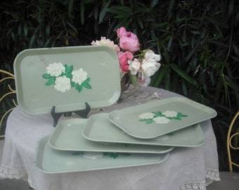 Vintage 1950s Green Metal Serving/Luncheon Trays / Set of Five