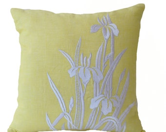 Flower Pillow- Yellow Pillow Cover -Iris Flowers Embroidered Pillow- Linen Pillow Covers- Modern Throw pillows- 14x14- Yellow White Pillows