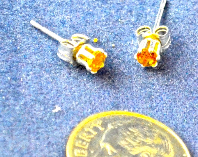 Petite Citrine Studs, 3mm Round, Natural, Set in Sterling Silver E590
