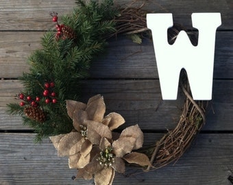 Rustic Christmas Wreath with Burlap Poinsettias and Greenery winter wreath holly berries grapevine wreath personalized wreath initial wreath