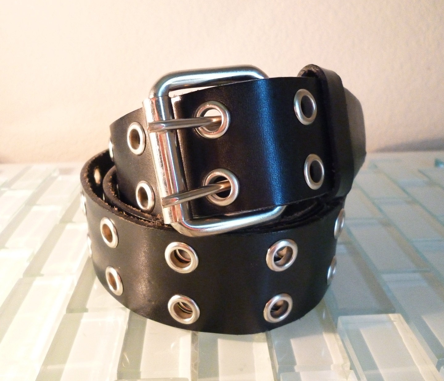 Vintage Punk Rock Faux Leather Belt Black Grommets Large