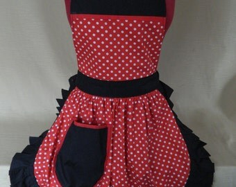 Retro Vintage 50s Style Full Apron / Pinny - Red & White Polka Dot with Black Trim