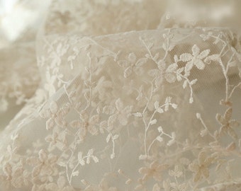 SALE Ivory Bridal Lace Fabric, Retro Cotton Floral Embroidered Lace, Chic Wedding Dress Lace, Veil Lace Fabric, fabric by yard