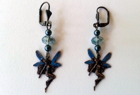 Fairie Earrings  Brass and Crystal Blue Fairy by MyBuddyBling