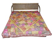 Indian Inspired Pink Yellow Patchwork Bed Sheet Festive Decoration Bedspreads